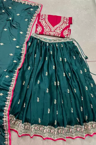 green silk blend Satin Lehenga Choli set with Sequins & Thread Embroidery