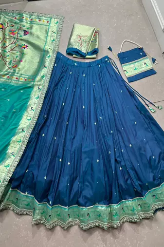 Royal Paithani Soft Silk Lehenga Choli with Zari Weaving, Sequins & Thread Embroidery with batua