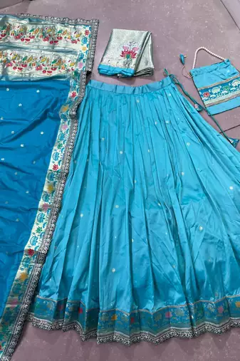Royal Paithani Soft Silk Lehenga Choli with Zari Weaving, Sequins & Thread Embroidery with batwa