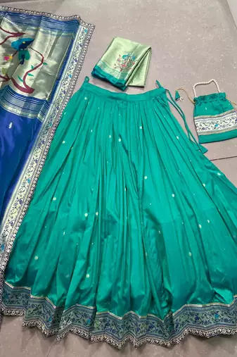Royal Paithani Soft silk blend Lehenga Choli with Zari Weaving, Sequins & Thread Embroidery and batua