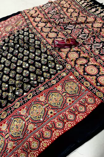 Black Color Printed And Mirror Work satin Saree