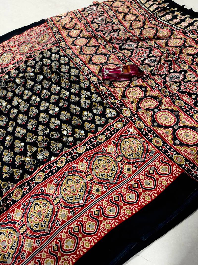 Black Color Printed And Mirror Work satin Saree