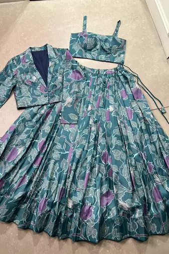 teal Tasar silk blend Printed Lehenga Choli with jacket