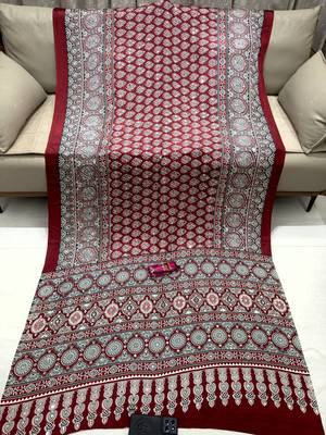 Maroon Color Printed And Mirror Work satin Saree 1