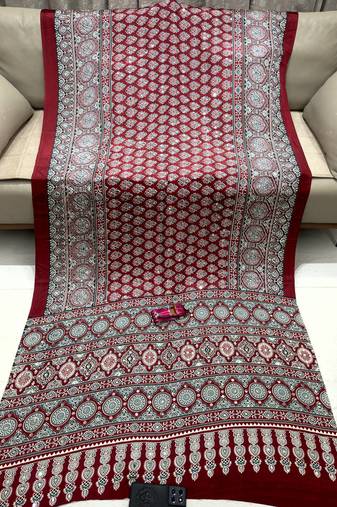 Maroon Color Printed And Mirror Work satin Saree