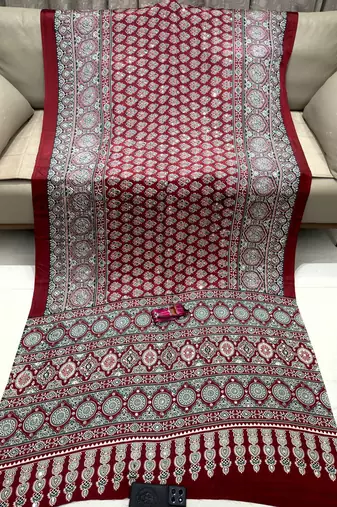 Maroon Color Printed And Mirror Work satin Saree