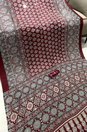 Maroon Color Printed And Mirror Work satin Saree