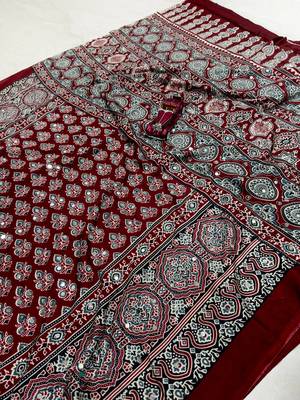 Maroon Color Printed And Mirror Work satin Saree 3