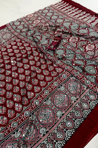 Maroon Color Printed And Mirror Work satin Saree