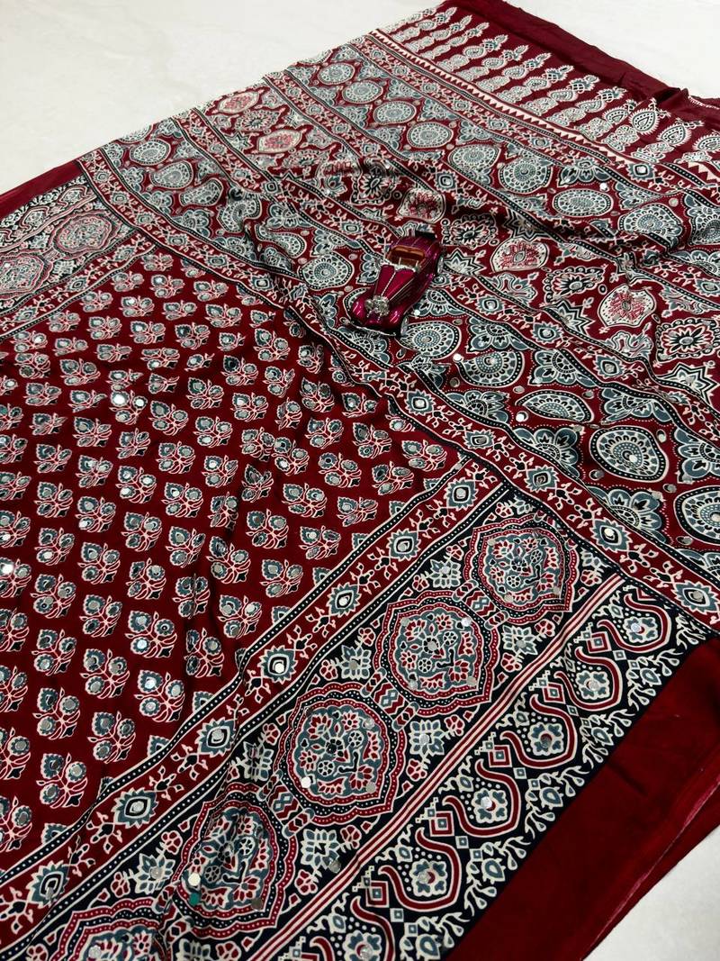 Maroon Color Printed And Mirror Work satin Saree