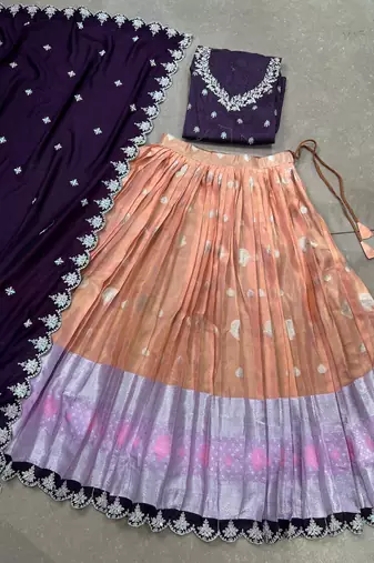 Peach Sequins Zari weaving Chaniya Choli 