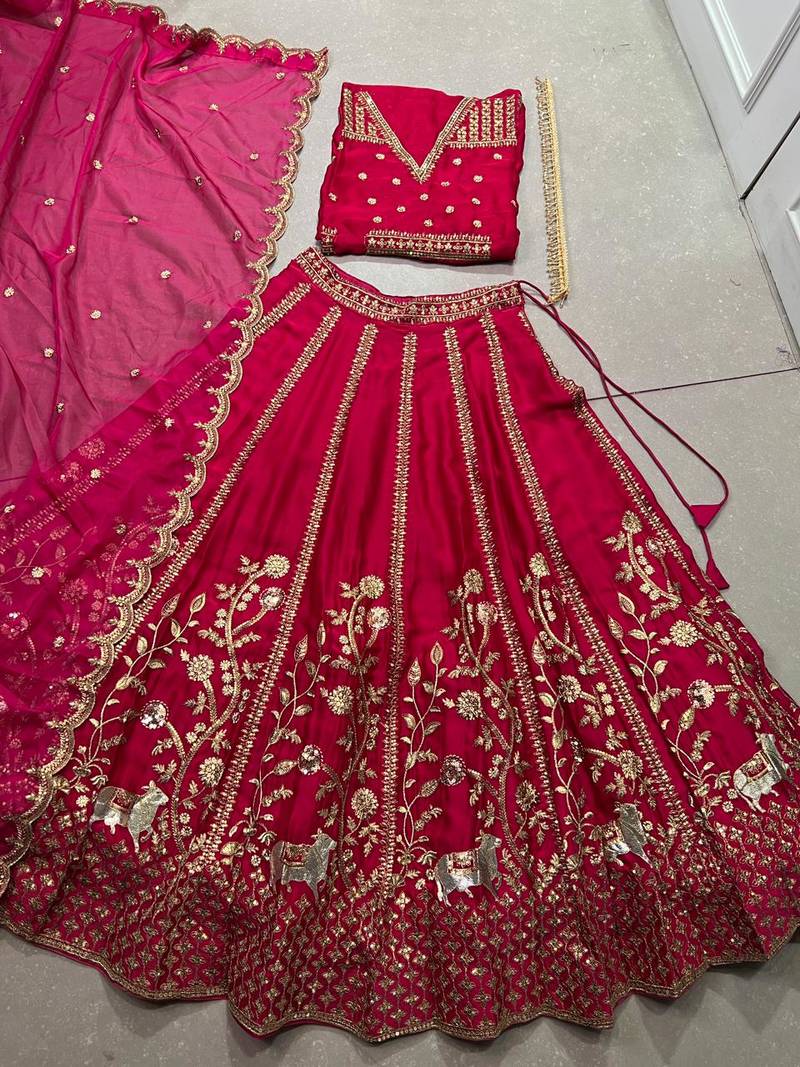 Pink silk blend Chaniya Choli with Sequins & Thread Embroidery 