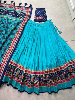 blue silk chaniya choli with printed gota work 5