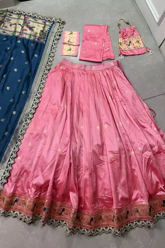 pink jacquard silk chaniya choli with zari work
