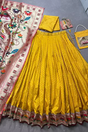yellow paithani silk chaniya choli with zari work