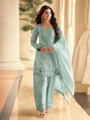 Light blue crepe silk sharara semi stitched suits 1