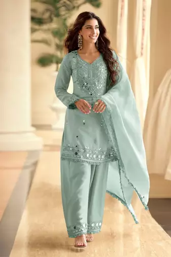 Light blue crepe silk sharara semi stitched suits