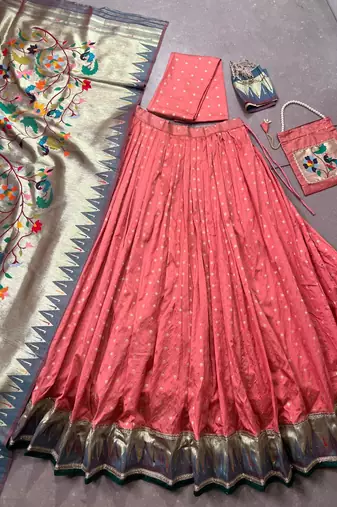 peach paithani silk chaniya choli with zari work