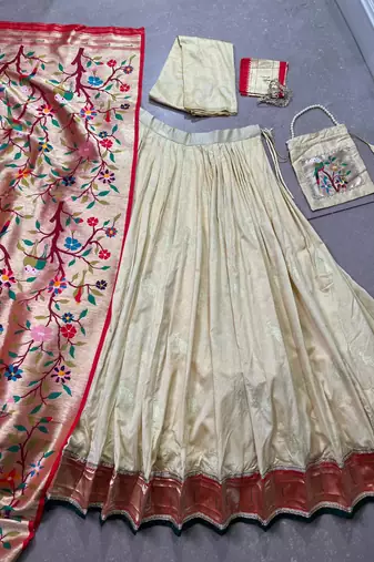 cream paithani silk chaniya choli with zari work
