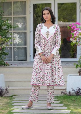 Floral Hand Block Printed A-Line Kurta Set 1