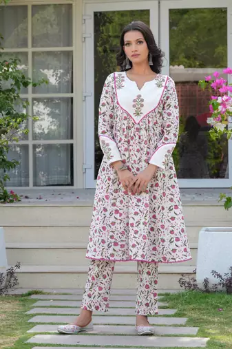 Floral Hand Block Printed A-Line Kurta Set