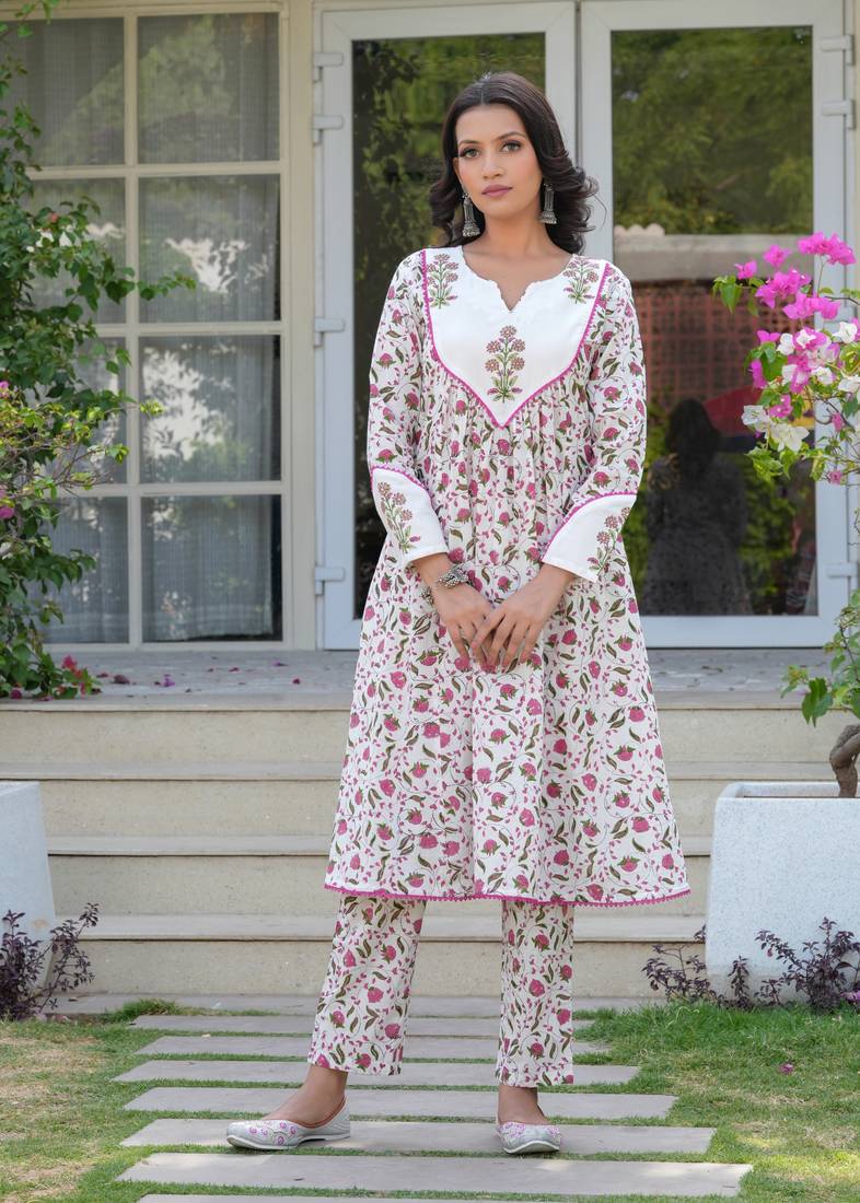 Floral Hand Block Printed A-Line Kurta Set