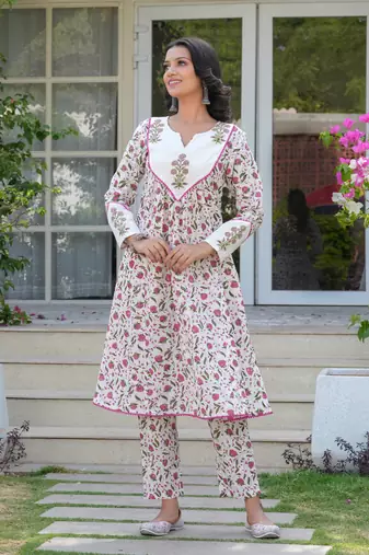 Floral Hand Block Printed A-Line Kurta Set