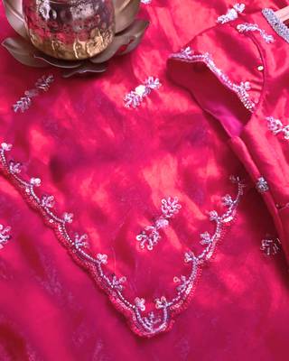 Pink Color beads work chiffon saree 1