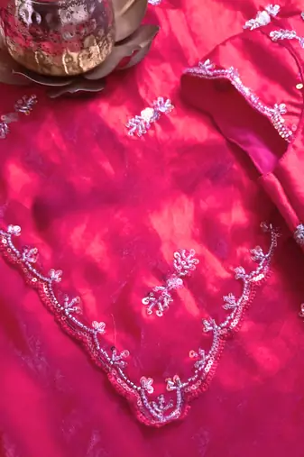 Pink beads work chiffon saree