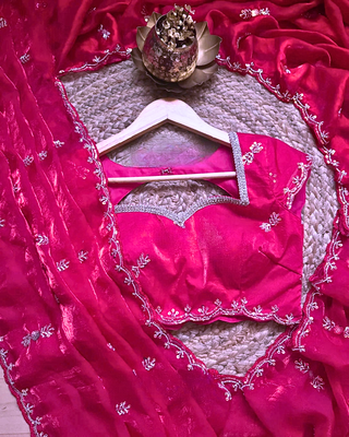 Pink Color beads work chiffon saree 2