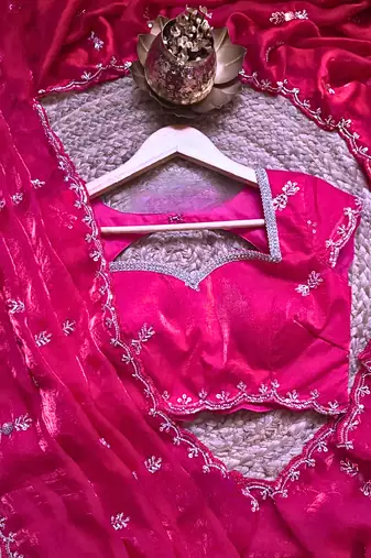 Pink beads work chiffon saree