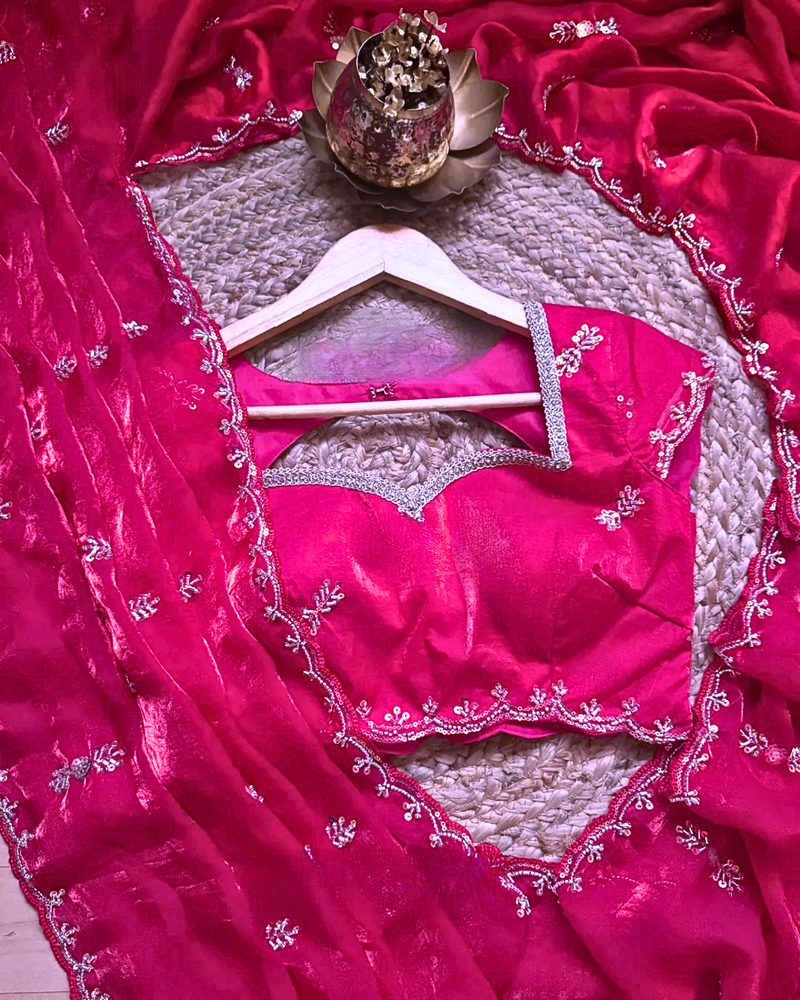 Pink Color beads work chiffon saree