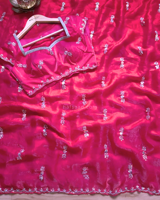 Pink Color beads work chiffon saree 3