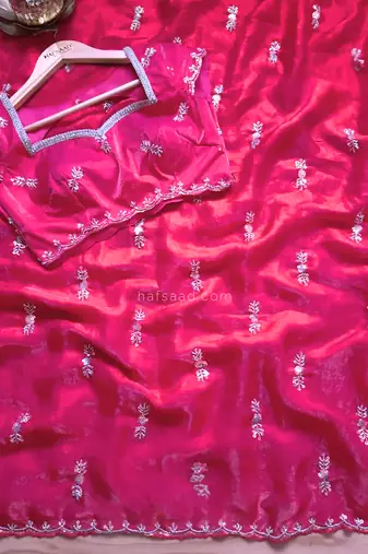 Pink beads work chiffon saree