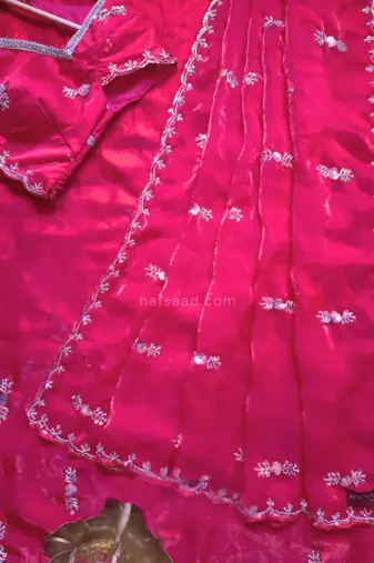 Pink beads work chiffon saree