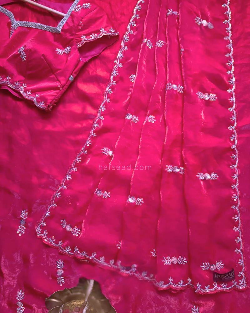 Pink Color beads work chiffon saree