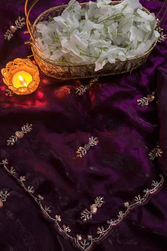 Purple Color beads work chiffon saree