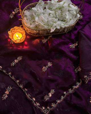Purple Color beads work chiffon saree 1