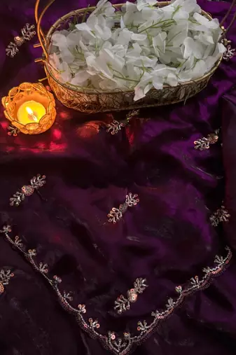 Purple Color beads work chiffon saree