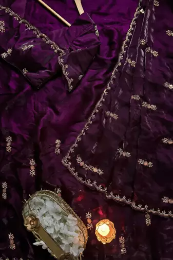 Purple Color beads work chiffon saree