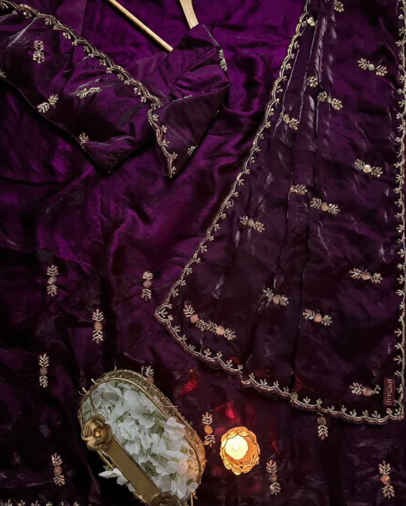Purple Color beads work chiffon saree