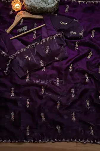 Purple Color beads work chiffon saree