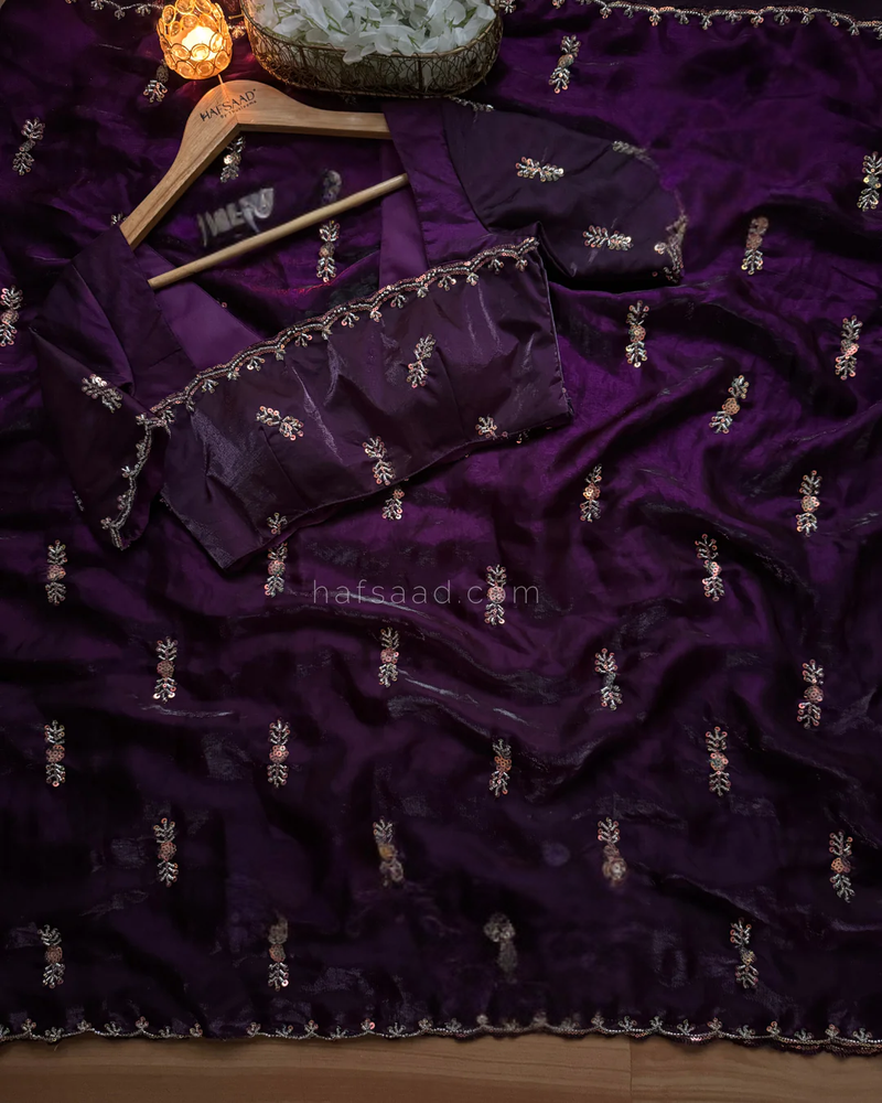 Purple Color beads work chiffon saree