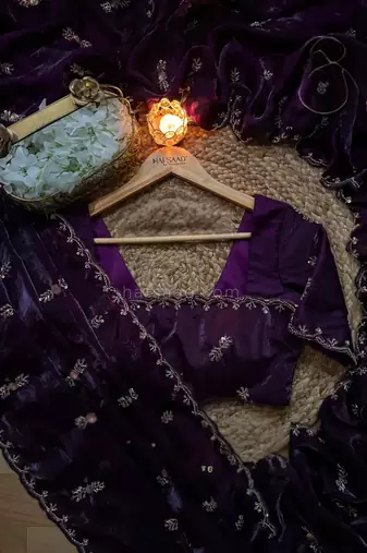Purple Color beads work chiffon saree