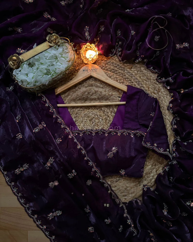 Purple Color beads work chiffon saree