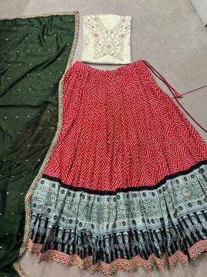 red rayon bandhej silk chaniya choli with sequins thread embroidery 5