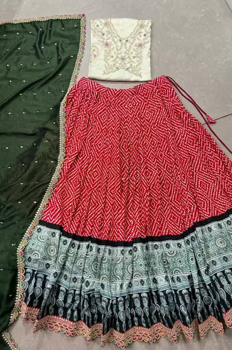 Rayon Bandhej Chaniya Choli with Sequins & Thread Embroidery Lace