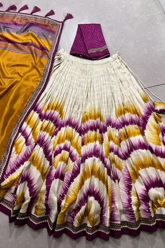 Tasar silk blend Tie-Dye Print Chaniya Choli with Lace Touch-Up