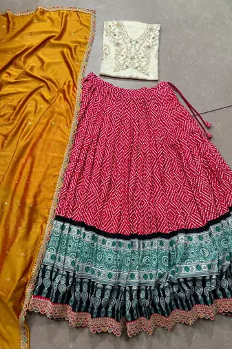 Rayon Bandhej Chaniya Choli with Sequins & Thread Embroidery Lace