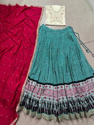 green rayon bandhej silk chaniya choli with sequins thread embroidery 5